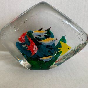 Vintage Aquarium Ocean Fish Art Glass Paperweight 5-Sided 3 Pounds Gift